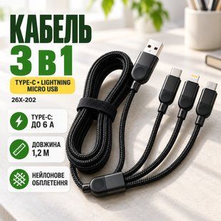 Кабель 3 в 1 для заряджання USB з роз'ємами Type-C, Lightning і Micro USB/кабель швидке заряджання до 6A 26X-202 26X202 фото